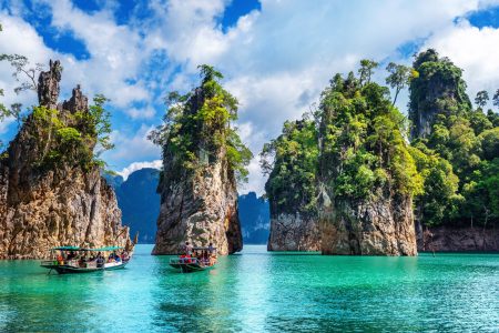 Beautiful mountains in Ratchaprapha Dam at Khao Sok National Park, Surat Thani Province, Thailand.